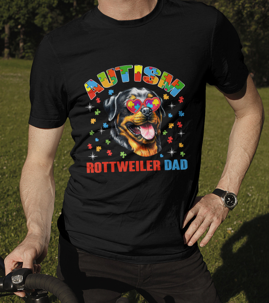 Autism Rottweiler Dad Colorful Puzzle Heart Sunglasses T-Shirt