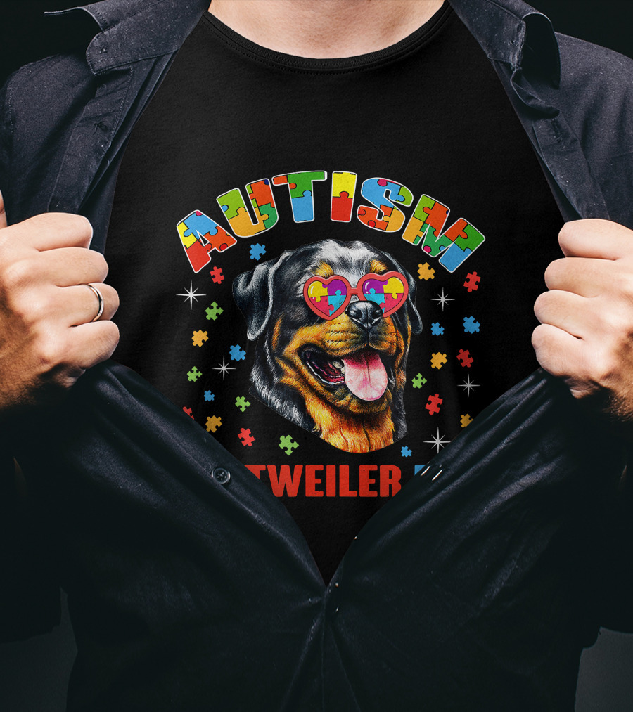 Autism Rottweiler Dad Colorful Puzzle Heart Sunglasses T-Shirt