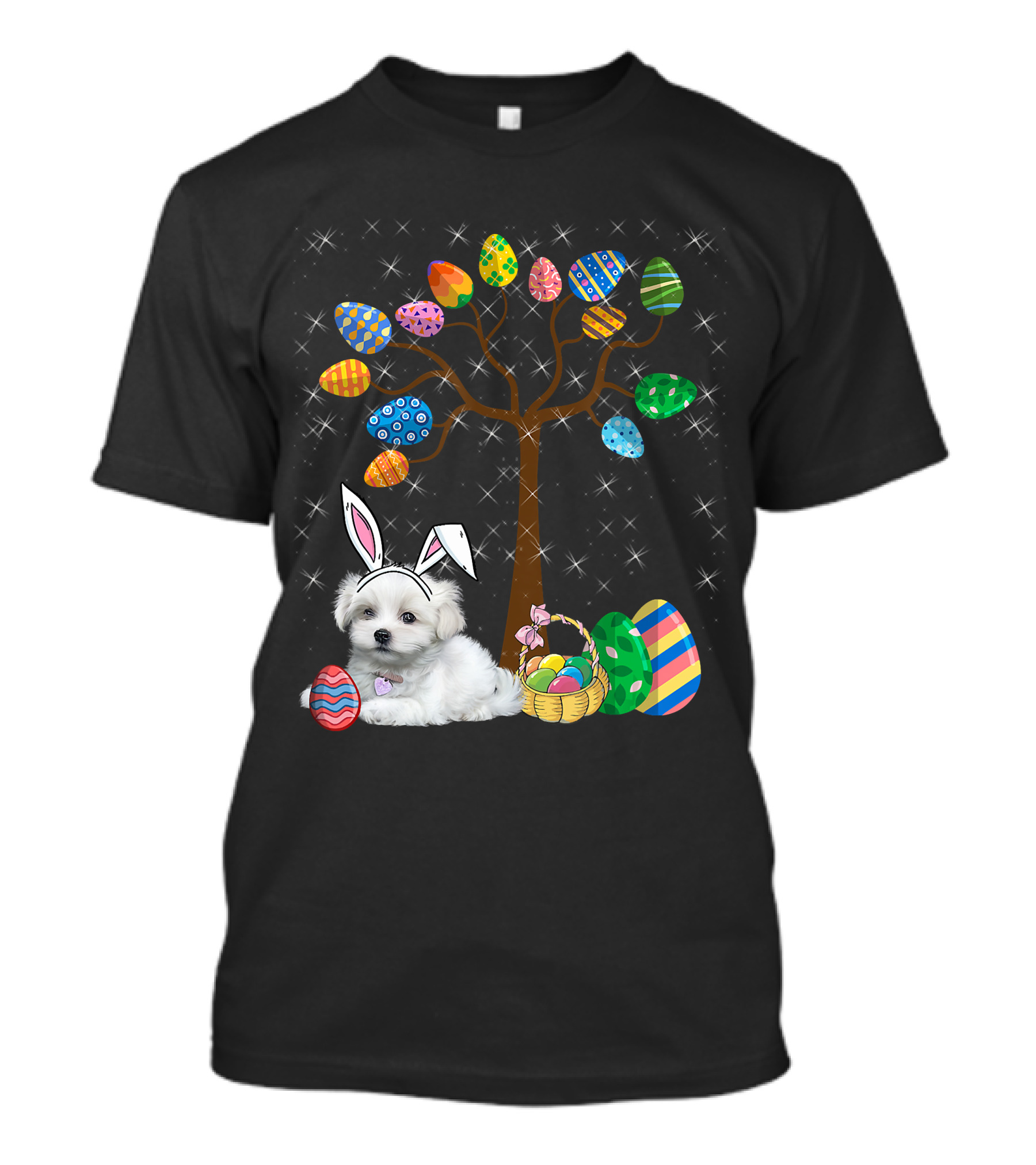 Maltese Dog With Bunny Ears Hunting Easter Eggs On Egg Tree T-Shirt