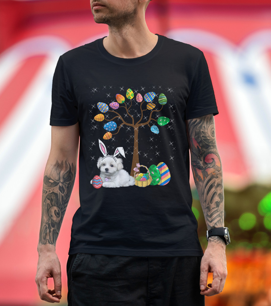 Maltese Dog with Bunny Ears Hunting Easter Eggs on Egg Tree T-Shirt