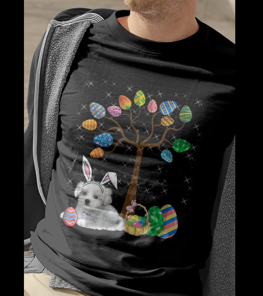 Maltese Dog With Bunny Ears Hunting Easter Eggs On Egg Tree T-Shirt