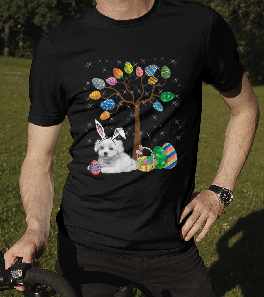 Maltese Dog With Bunny Ears Hunting Easter Eggs On Egg Tree T-Shirt
