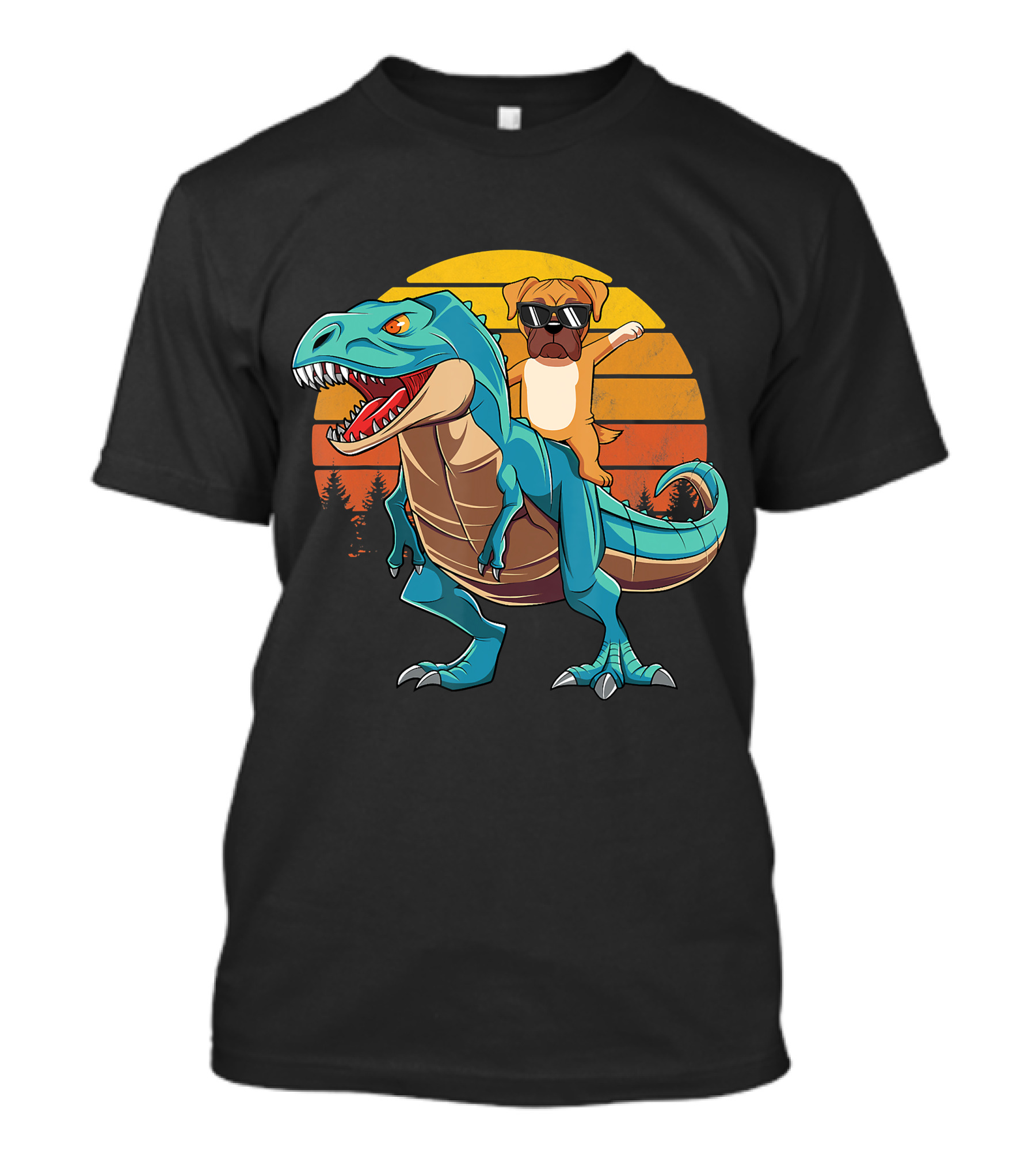 Boxer Dog With Sunglasses Riding Blue T-Rex Against Sunset Background T-Shirt