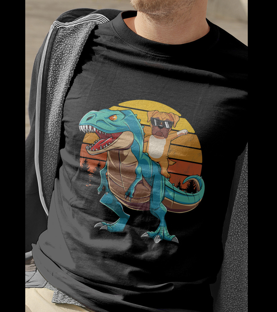 Boxer Dog With Sunglasses Riding Blue T-Rex Against Sunset Background T-Shirt