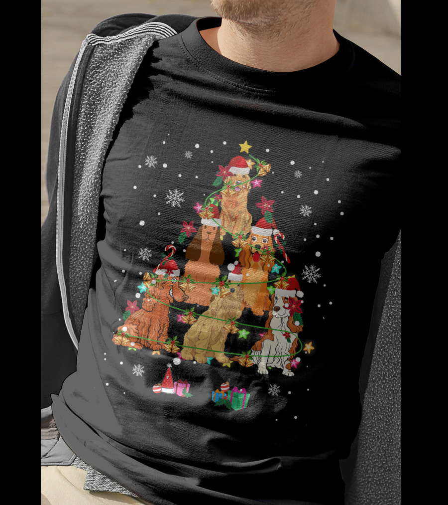 Cocker Spaniel Christmas Tree With Santa Hats And Snowflakes T-Shirt