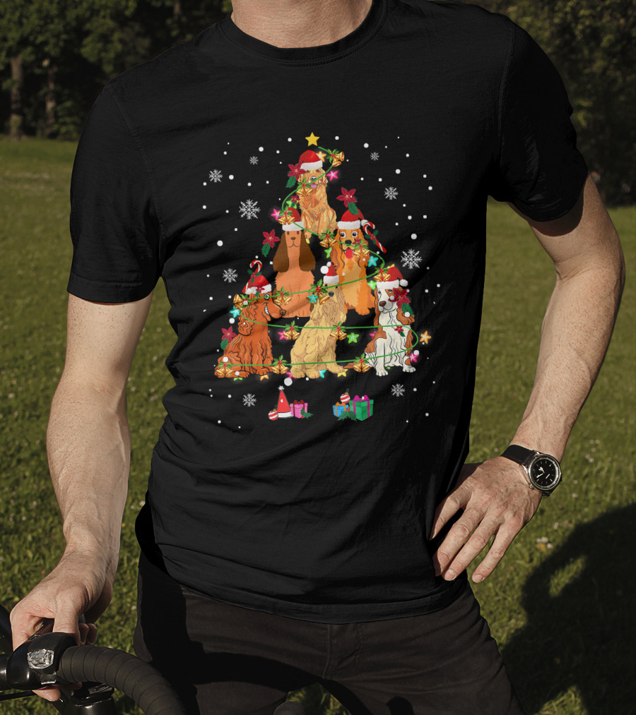 Cocker Spaniel Christmas Tree With Santa Hats And Snowflakes T-Shirt
