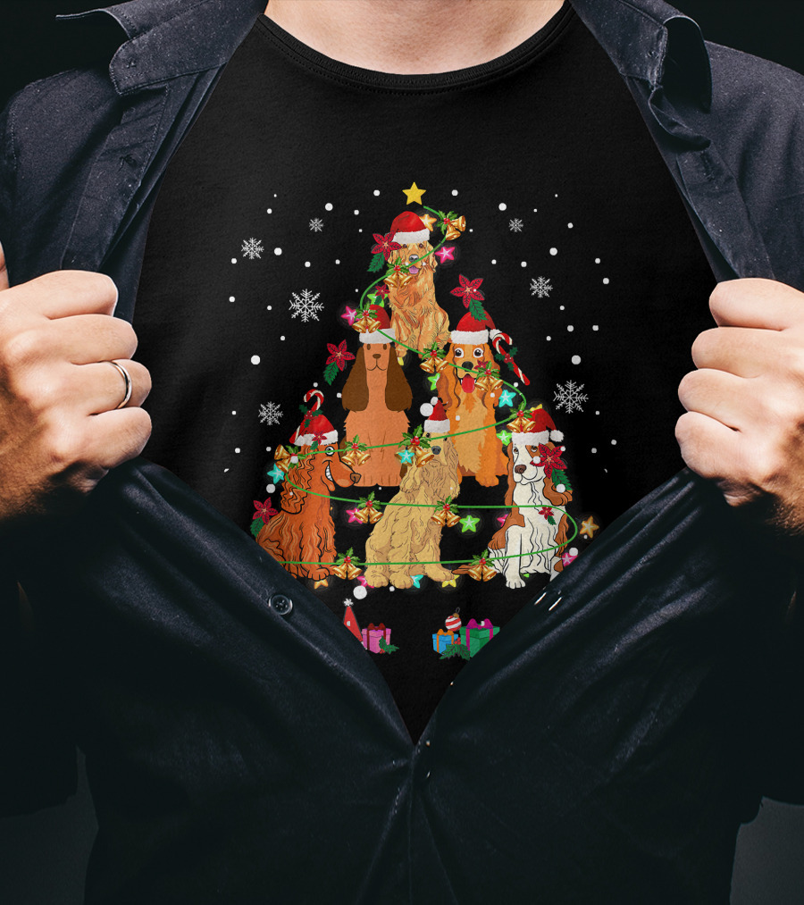 Cocker Spaniel Christmas Tree With Santa Hats And Snowflakes T-Shirt