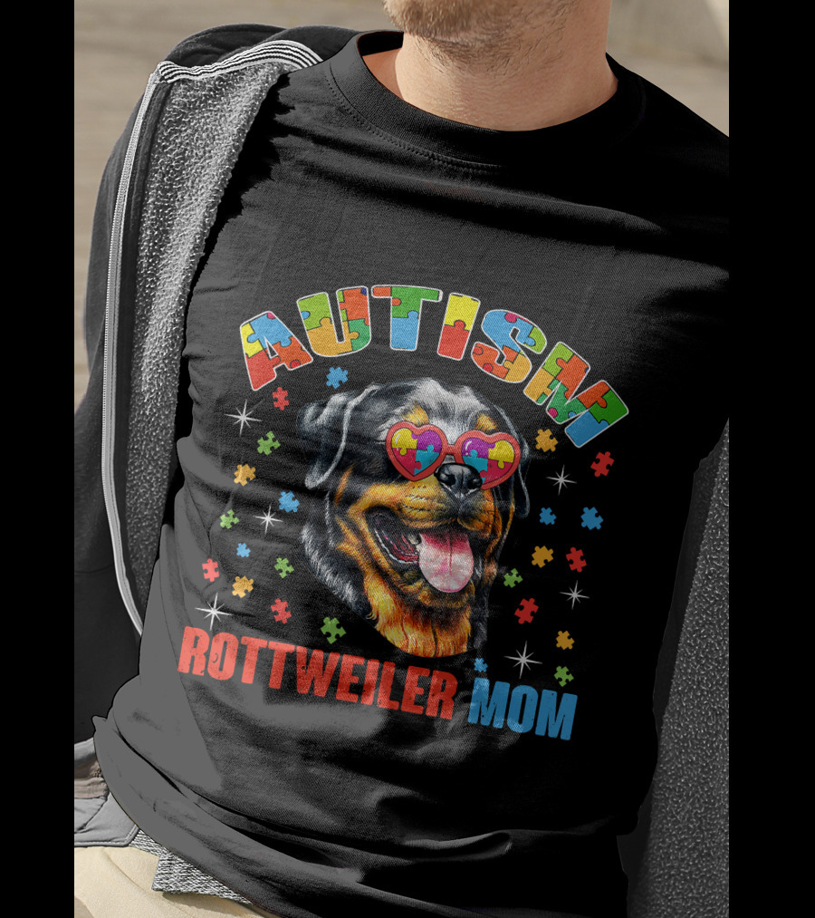Rottweiler Mom Autism Awareness Puzzle Heart Glasses T-Shirt