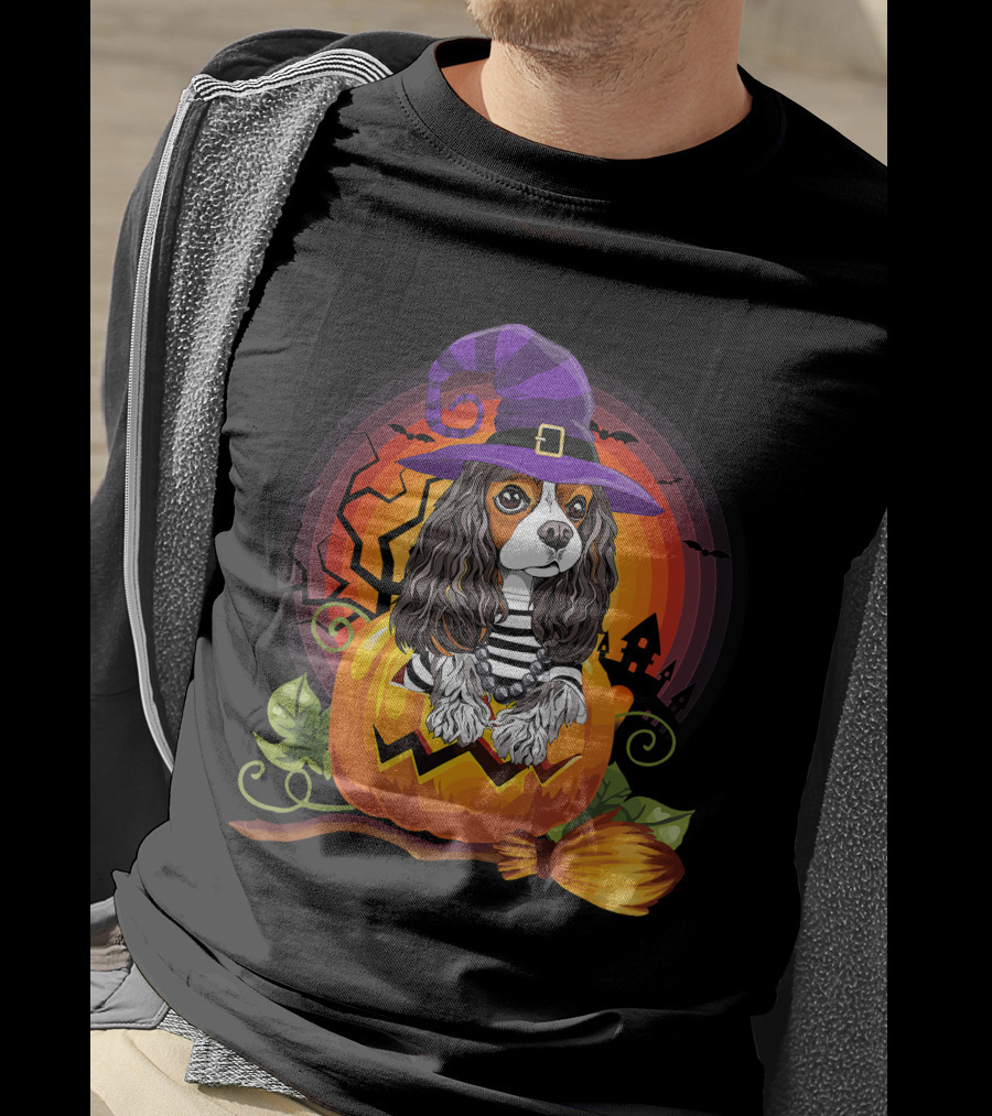 Cavalier Witch Dog In Pumpkin Halloween Scene T-Shirt