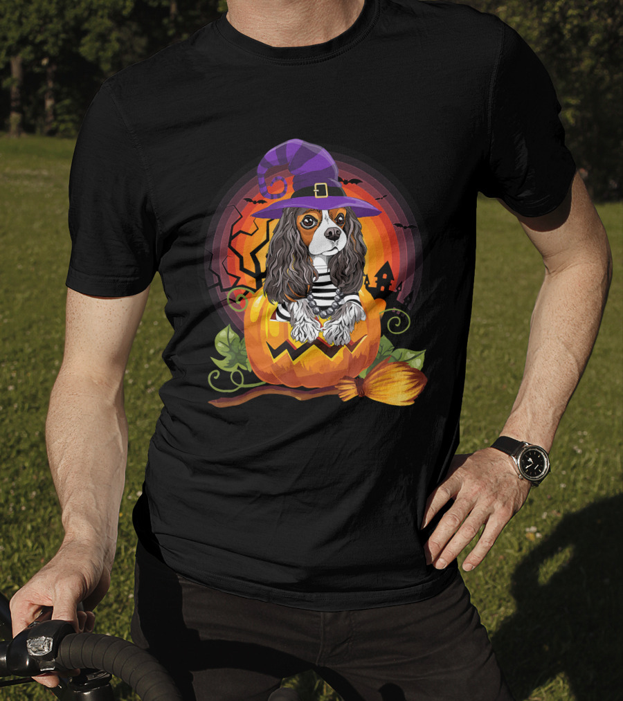 Cavalier Witch Dog In Pumpkin Halloween Scene T-Shirt