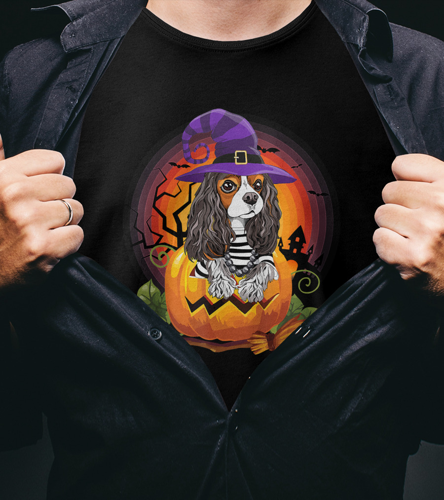Cavalier Witch Dog In Pumpkin Halloween Scene T-Shirt