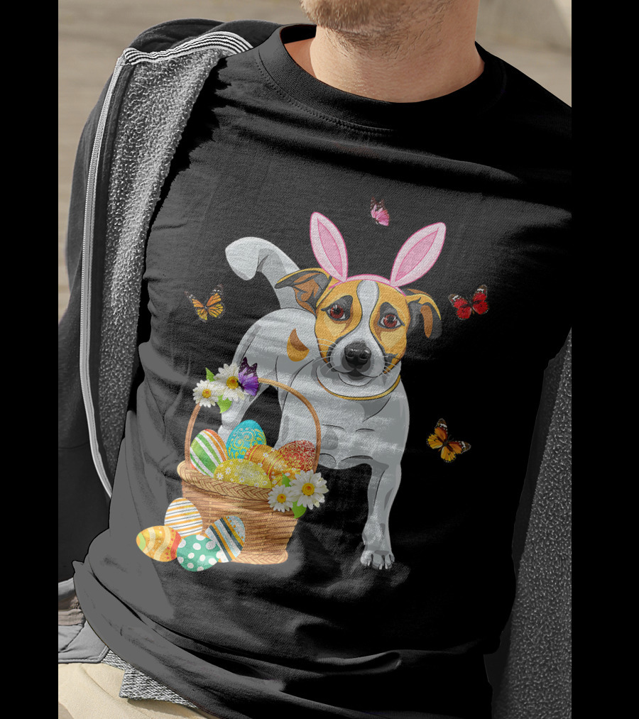 Cutes Jack Russell Bunny Ear With Butterflies And Easter Eggs In Basket T-Shirt