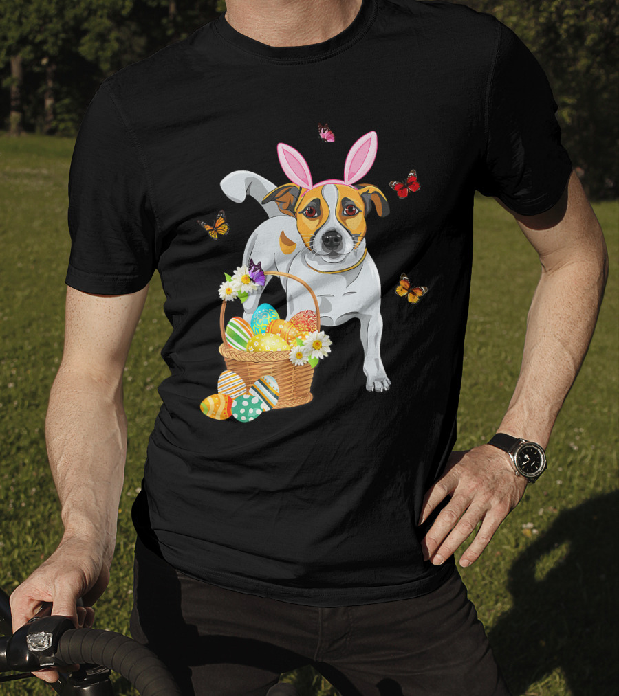 Cutes Jack Russell Bunny Ear With Butterflies And Easter Eggs In Basket T-Shirt