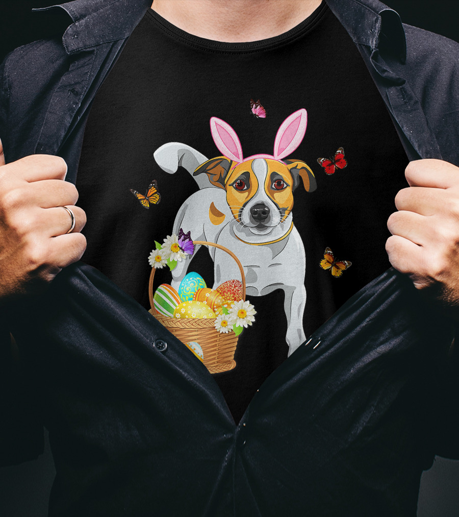 Cutes Jack Russell Bunny Ear With Butterflies And Easter Eggs In Basket T-Shirt