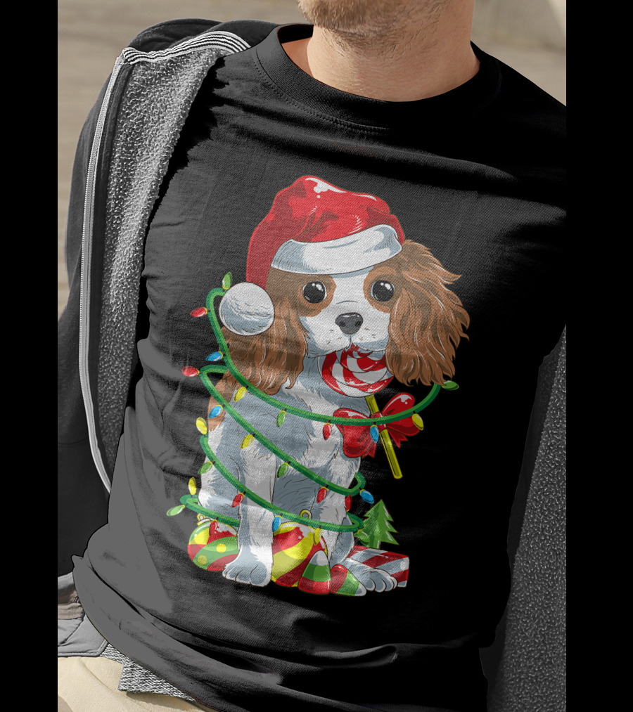 Cute Cavalier King Charles Spaniel Dog In Santa Hat With Christmas Lights And Candy Cane T-Shirt