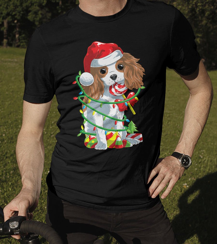 Cute Cavalier King Charles Spaniel Dog In Santa Hat With Christmas Lights And Candy Cane T-Shirt