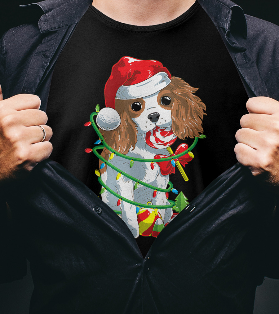 Cute Cavalier King Charles Spaniel Dog In Santa Hat With Christmas Lights And Candy Cane T-Shirt