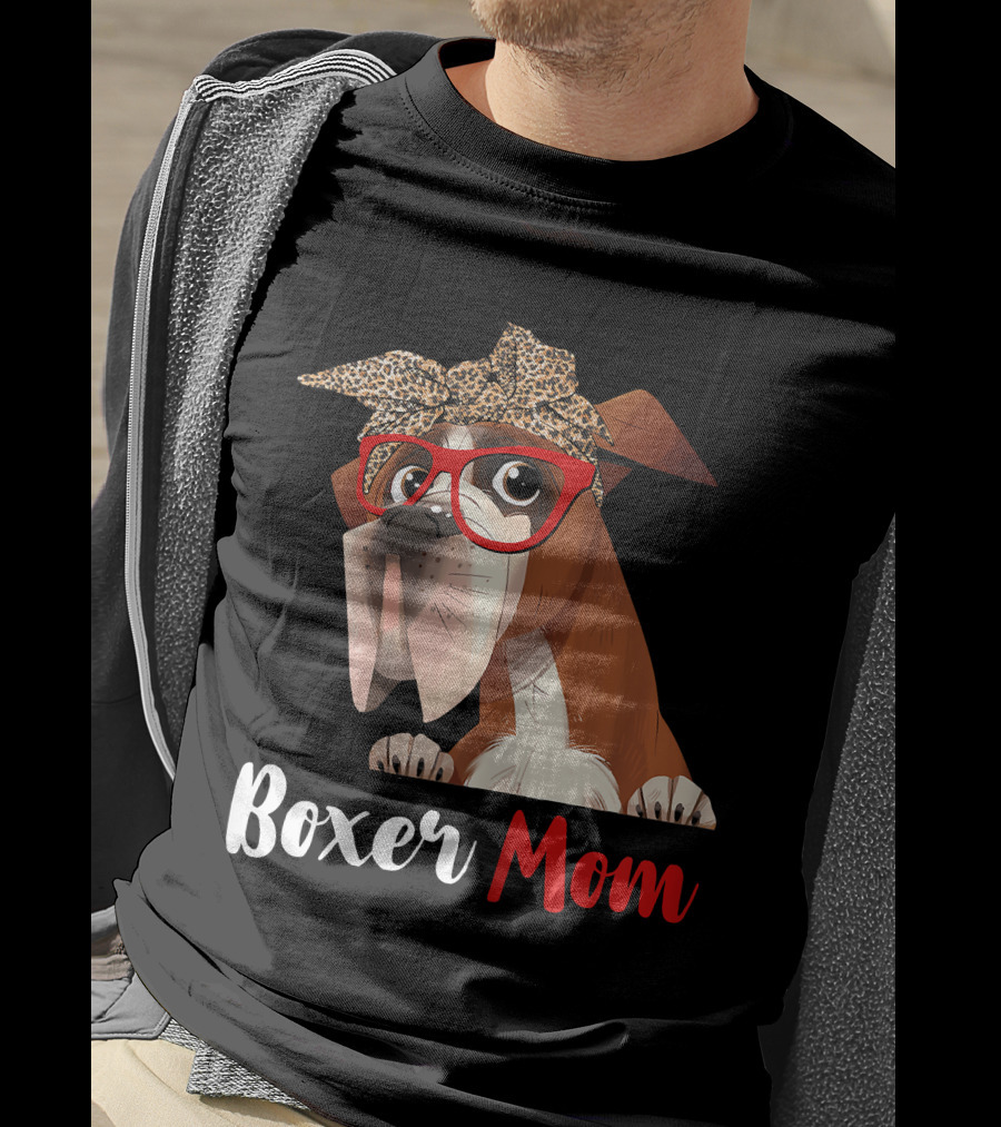 Boxer Mom With Red Glasses And Leopard Headband For Dog Lovers T-Shirt