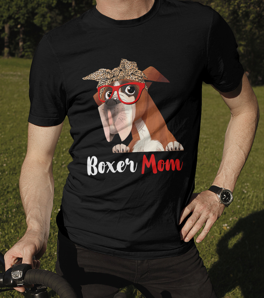 Boxer Mom With Red Glasses And Leopard Headband For Dog Lovers T-Shirt