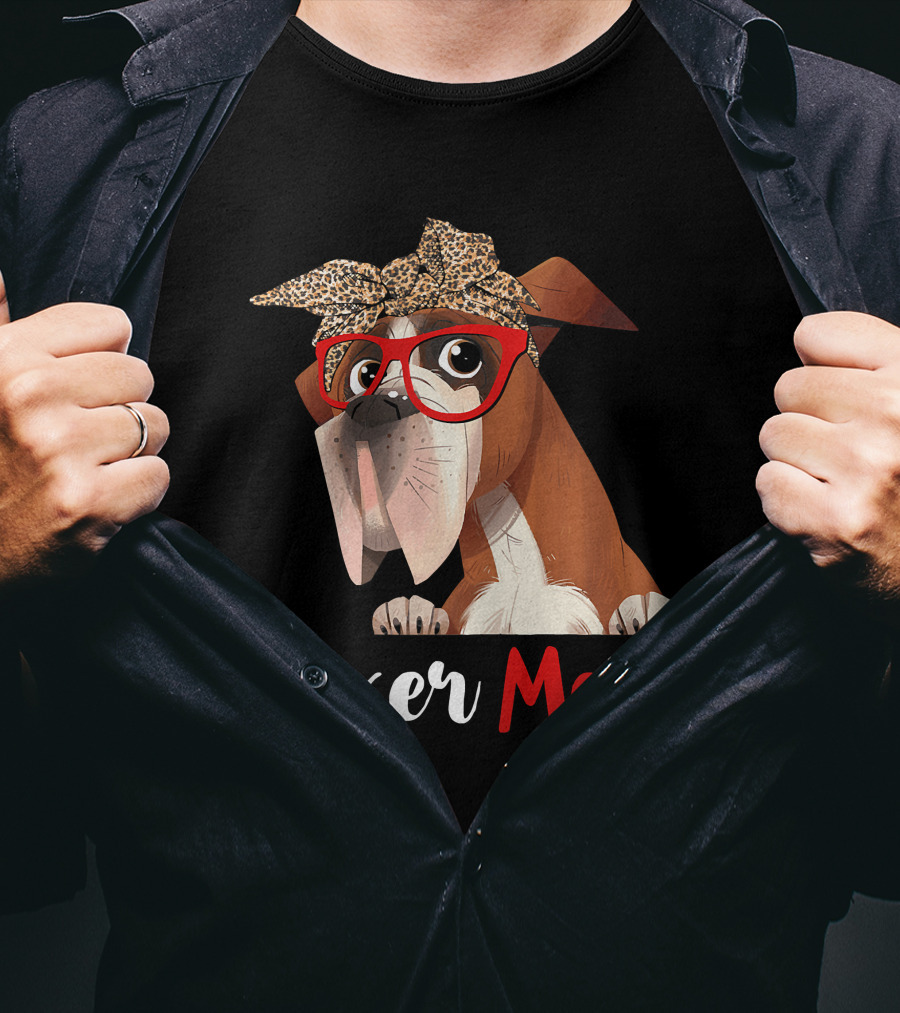 Boxer Mom With Red Glasses And Leopard Headband For Dog Lovers T-Shirt