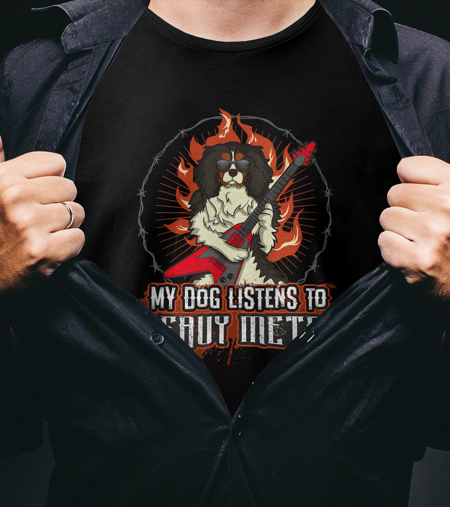 My Dog Listens To Heavy Metal Cavalier King Charles Spaniel Guitar Flames T-Shirt