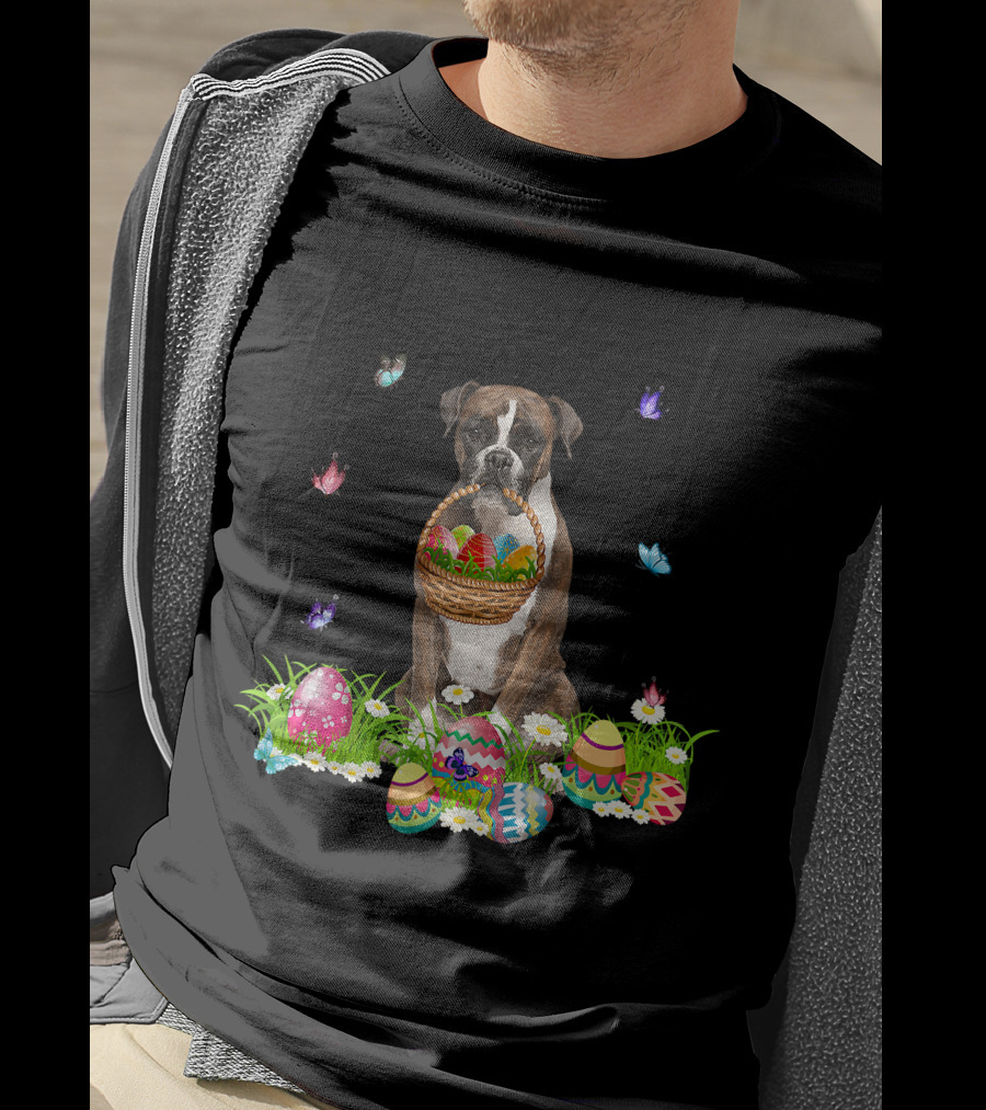 Boxer Dog Holding Easter Eggs Basket Surrounded By Butterflies And Flowers T-Shirt