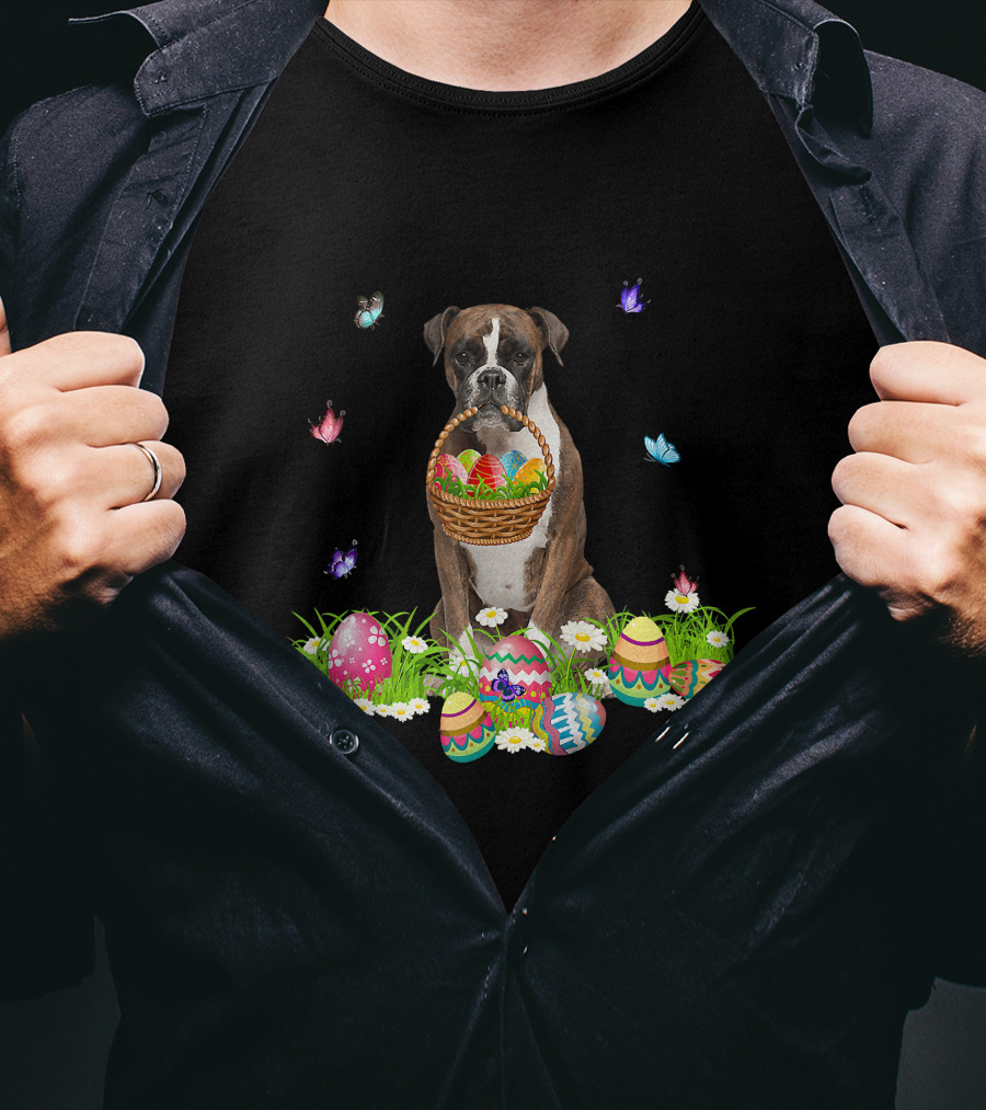 Boxer Dog Holding Easter Eggs Basket Surrounded By Butterflies And Flowers T-Shirt