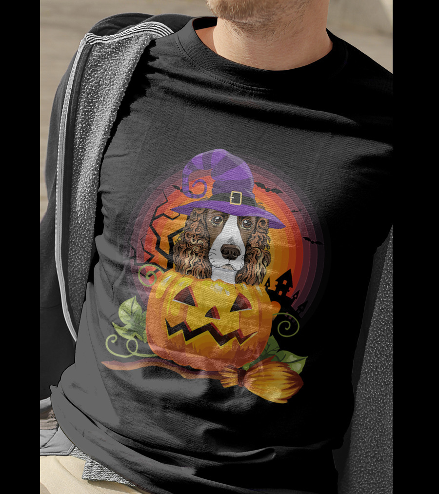 Dog Lover English Cocker Spaniel Witch Pumpkin Halloween Scene T-Shirt