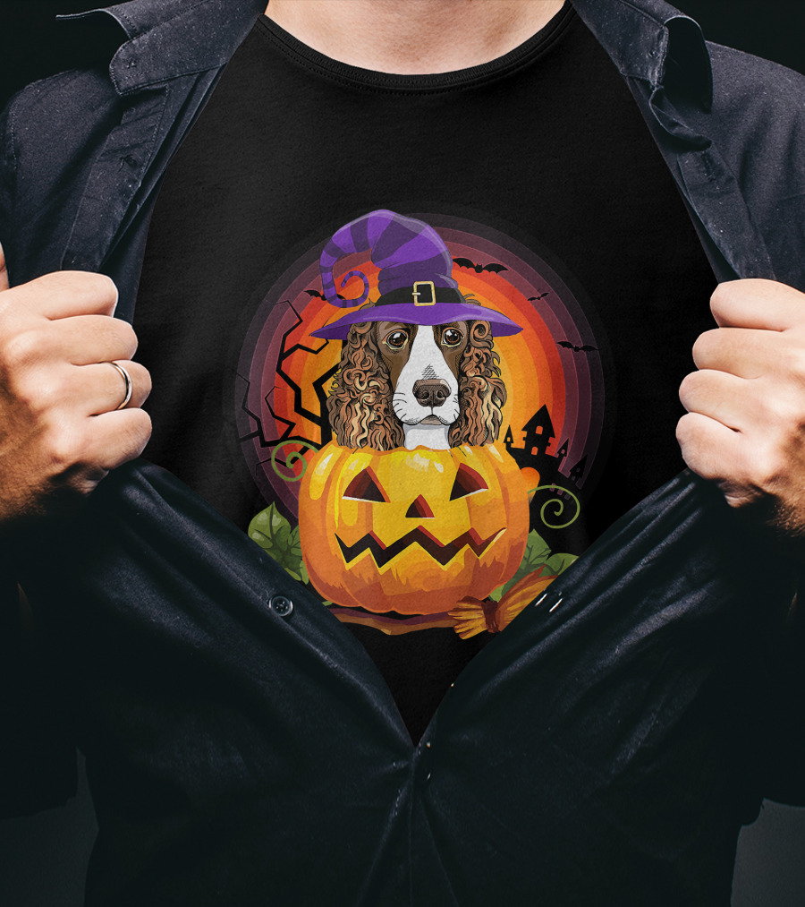 Dog Lover English Cocker Spaniel Witch Pumpkin Halloween Scene T-Shirt