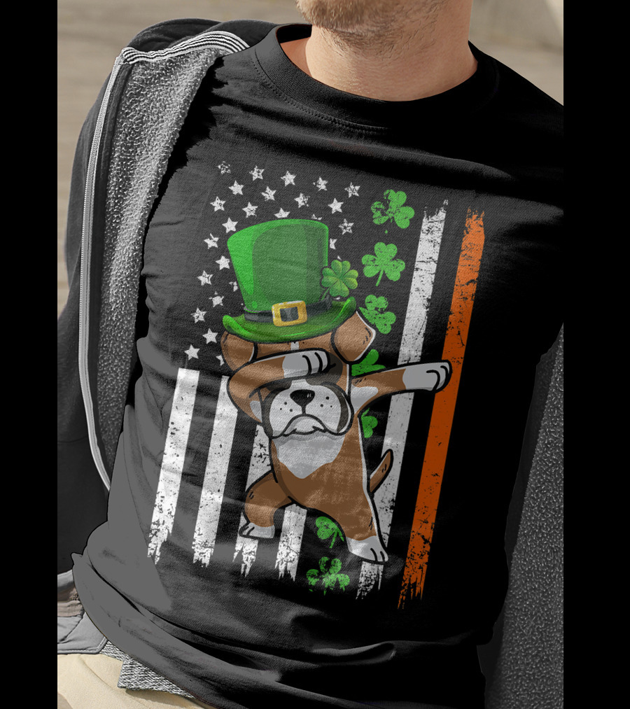 Dabbing Boxer Dog Leprechaun Hat American Irish Flag T-Shirt