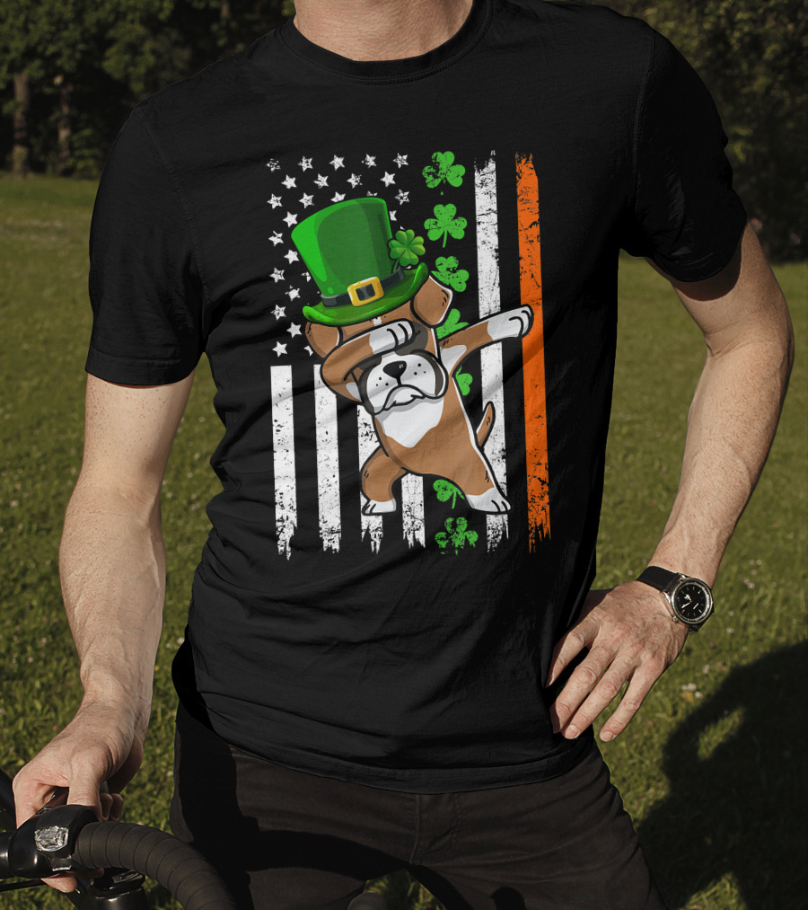 Dabbing Boxer Dog Leprechaun Hat American Irish Flag T-Shirt