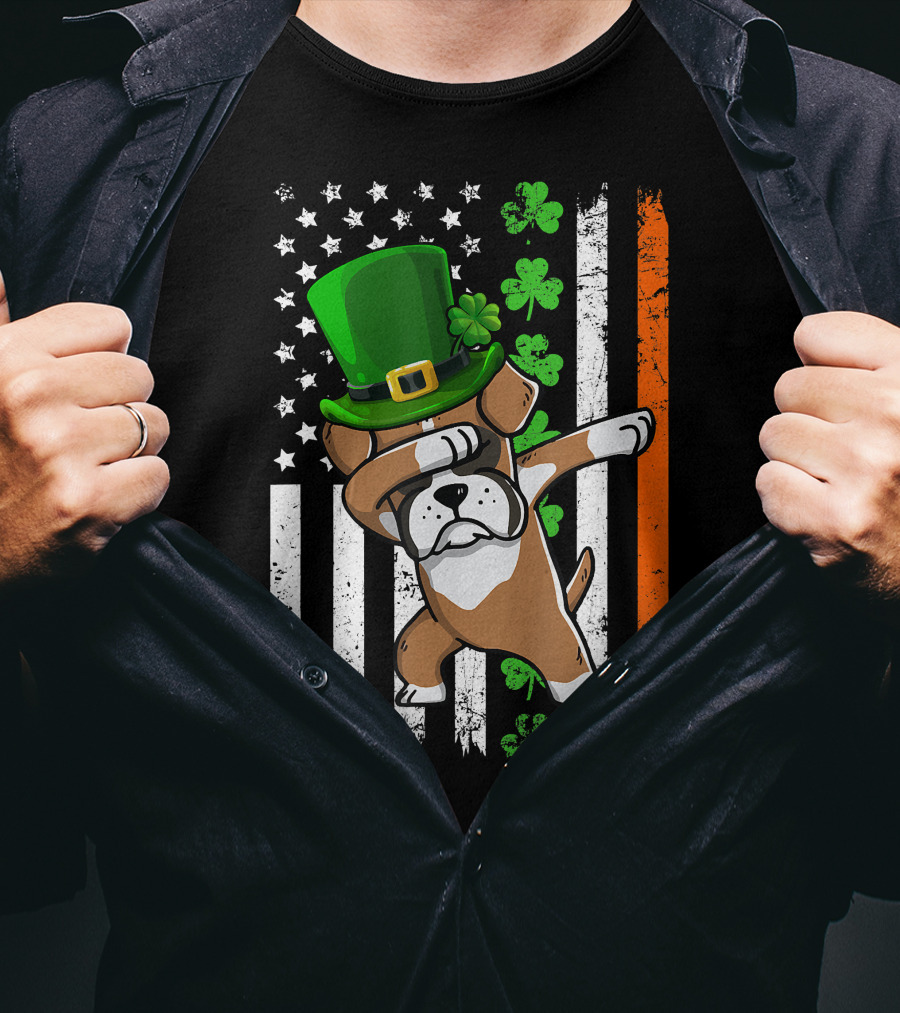 Dabbing Boxer Dog Leprechaun Hat American Irish Flag T-Shirt
