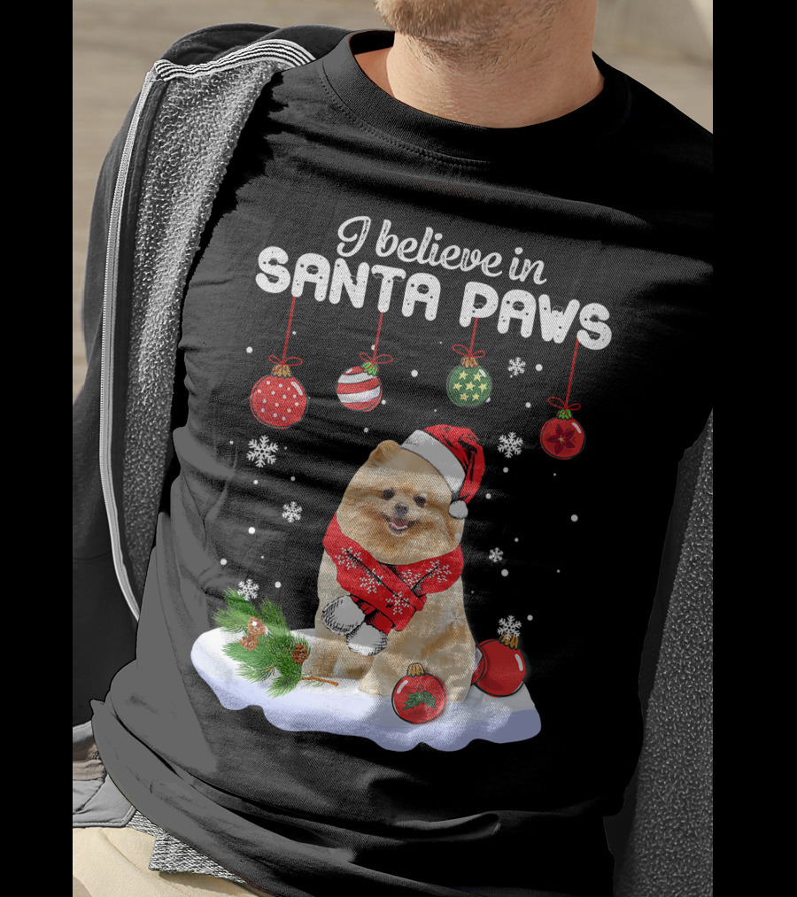I Believe In Santa Paws Pomeranian Festive Christmas Ornaments Snowflakes T-Shirt