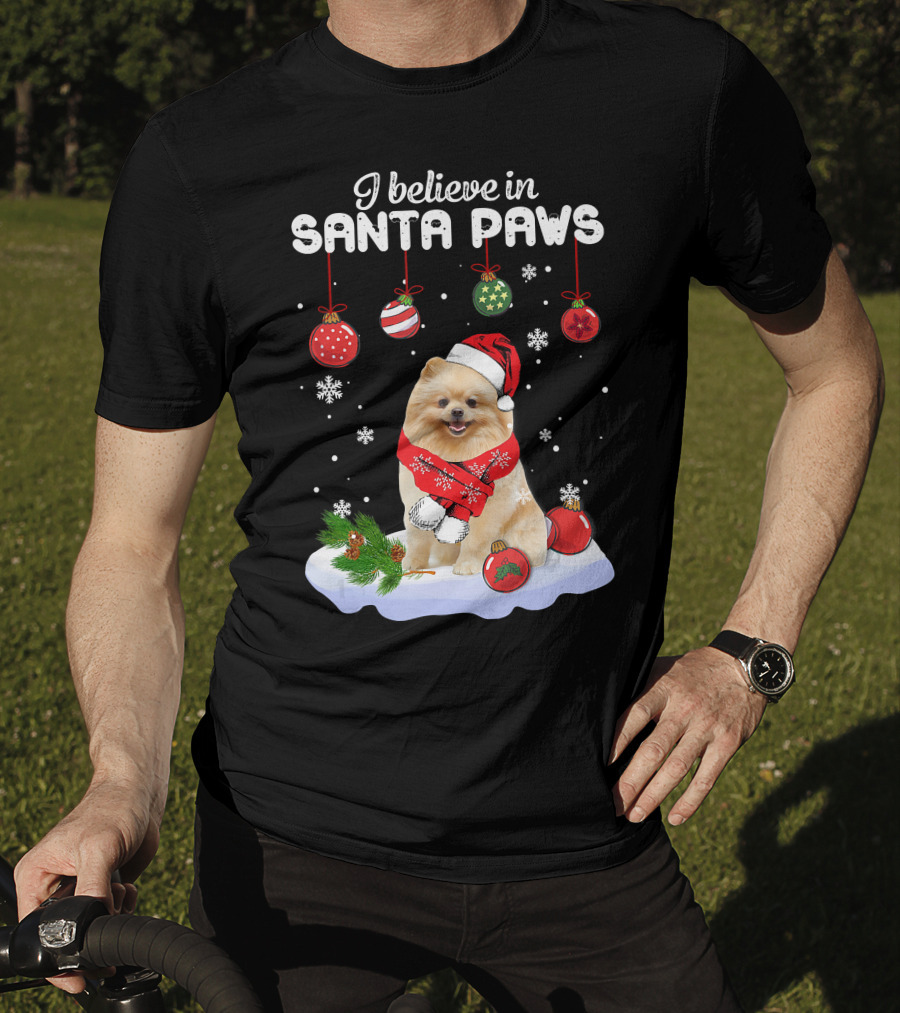 I Believe In Santa Paws Pomeranian Festive Christmas Ornaments Snowflakes T-Shirt