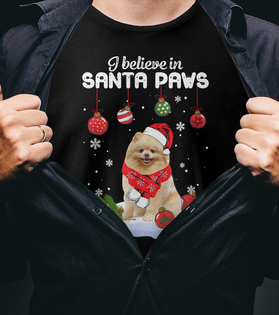 I Believe In Santa Paws Pomeranian Festive Christmas Ornaments Snowflakes T-Shirt