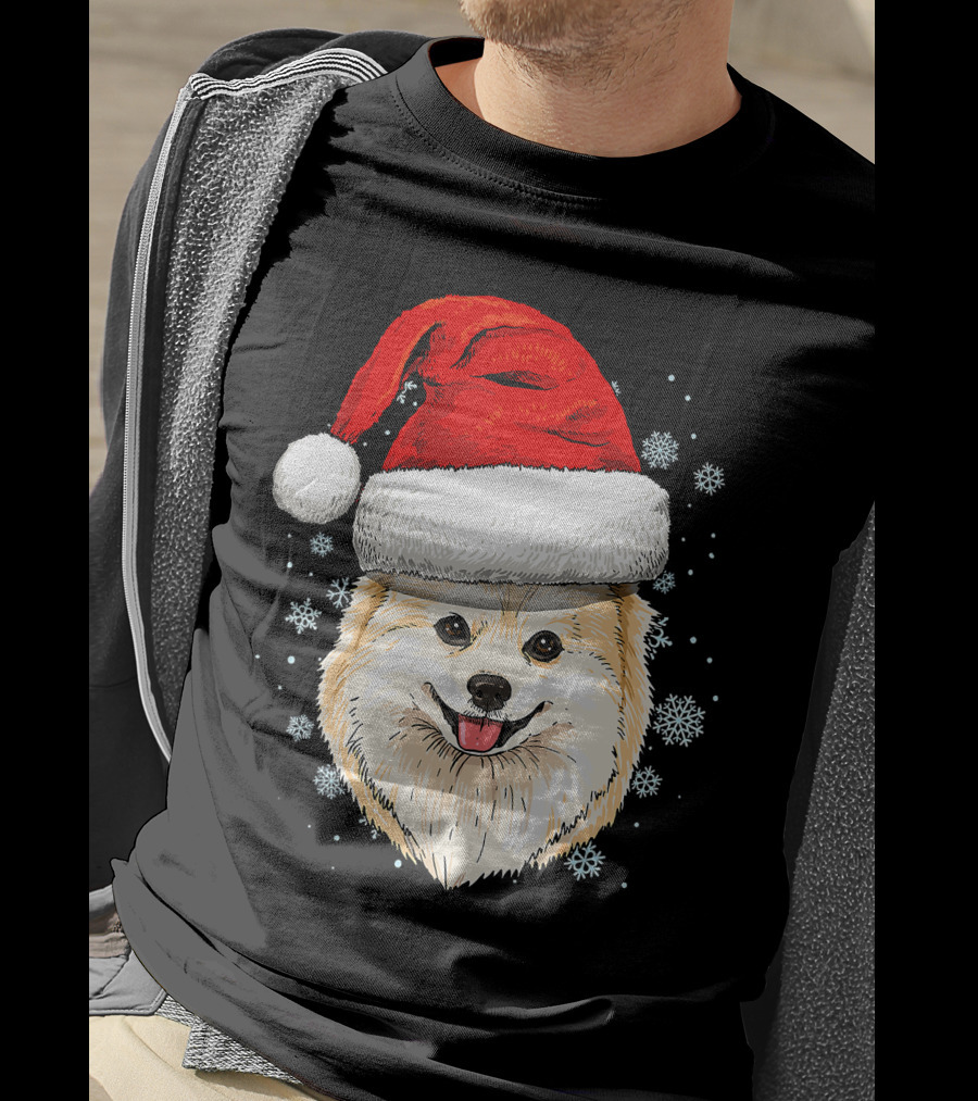 Pomeranian Santa Hat Snowflakes Christmas T-Shirt