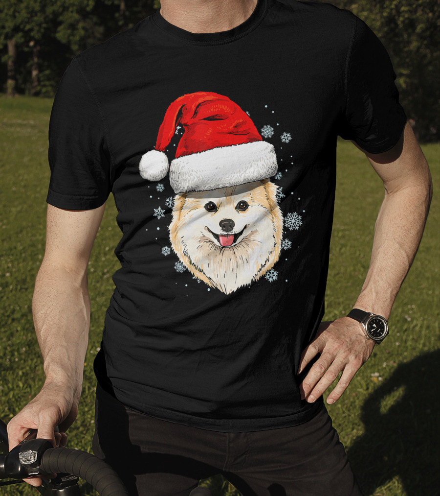 Pomeranian Santa Hat Snowflakes Christmas T-Shirt
