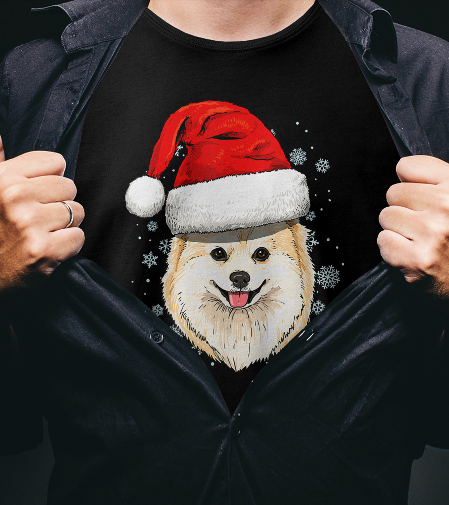 Pomeranian Santa Hat Snowflakes Christmas T-Shirt