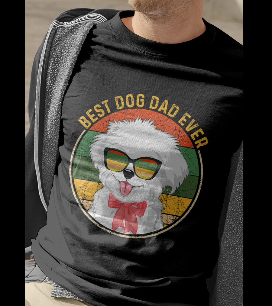 Best Dog Dad Ever Retro Vintage Maltese Sunglasses T-Shirt