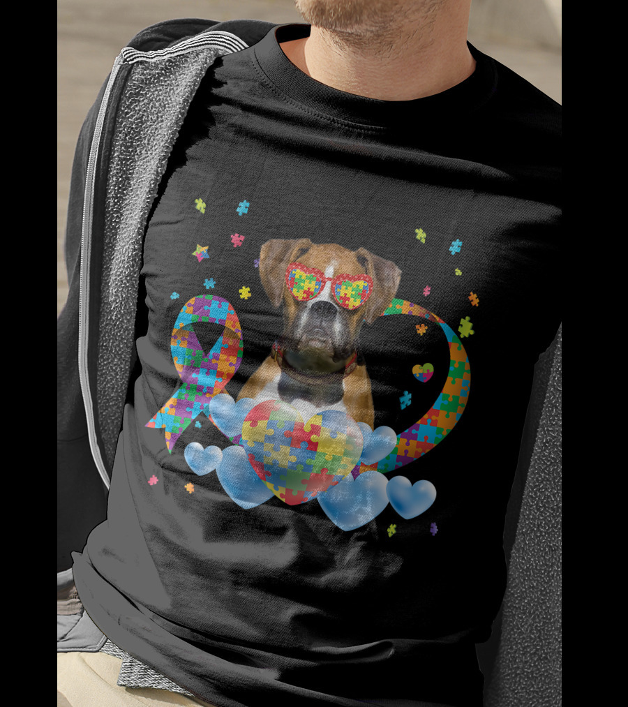 Boxer Dog Autism Awareness Heart Puzzle Ribbon Rainbow T-Shirt