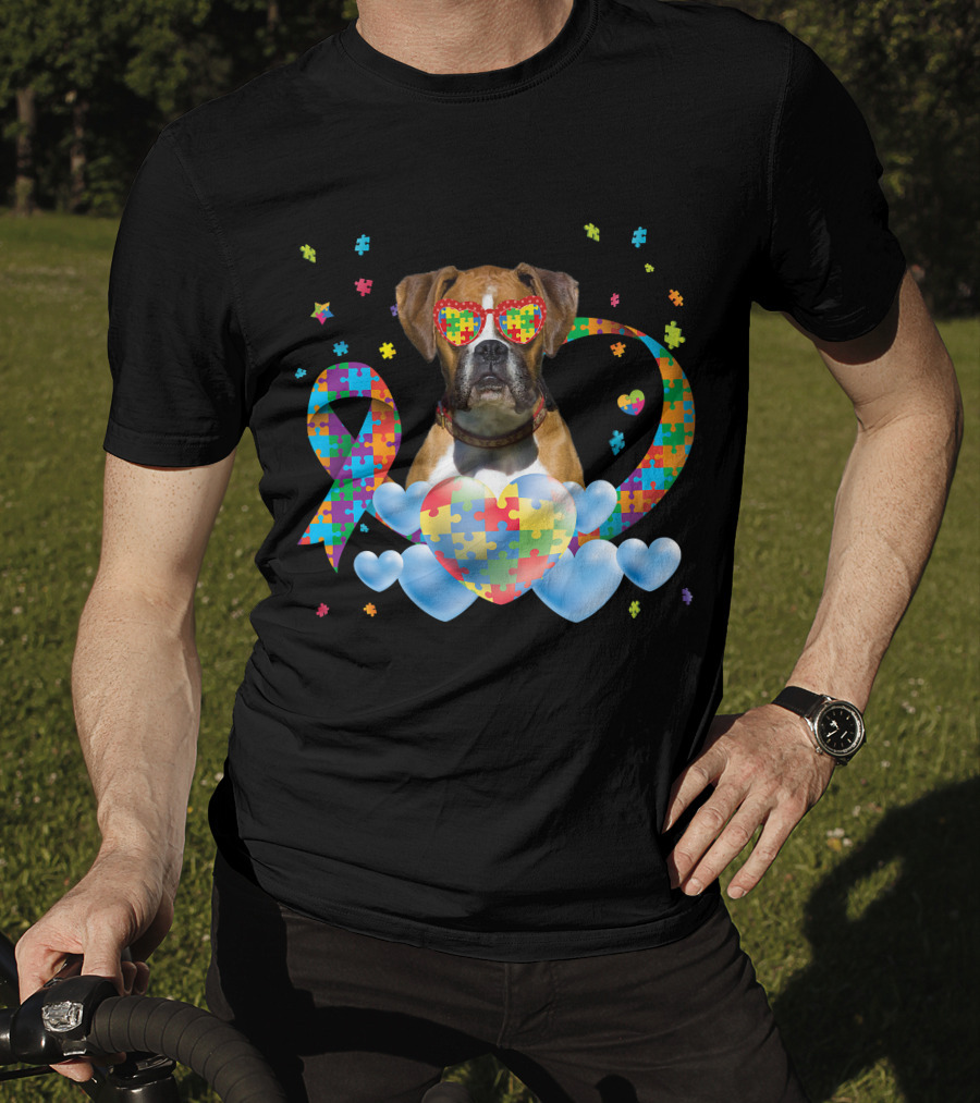 Boxer Dog Autism Awareness Heart Puzzle Ribbon Rainbow T-Shirt