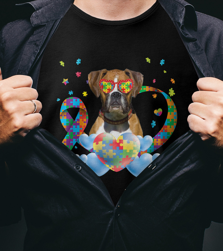 Boxer Dog Autism Awareness Heart Puzzle Ribbon Rainbow T-Shirt