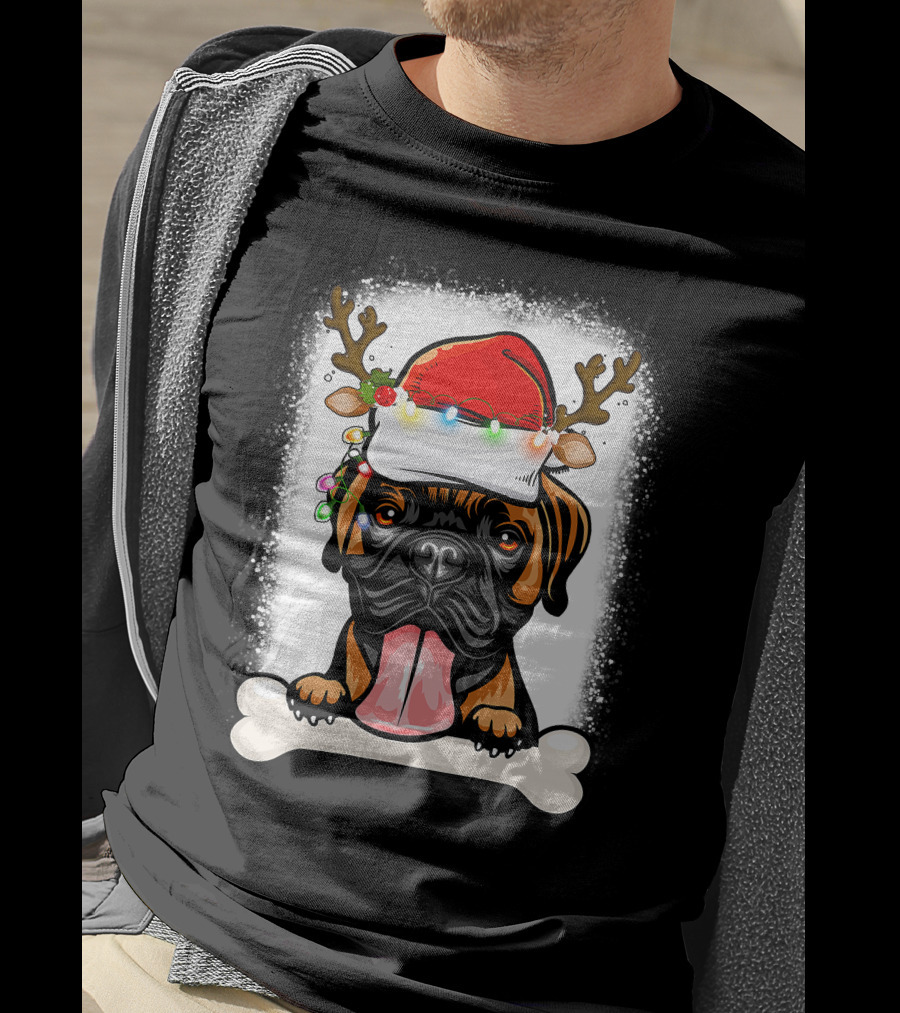 Boxer Dog With Santa Hat And Antlers Holding A Bone With Christmas Lights T-Shirt