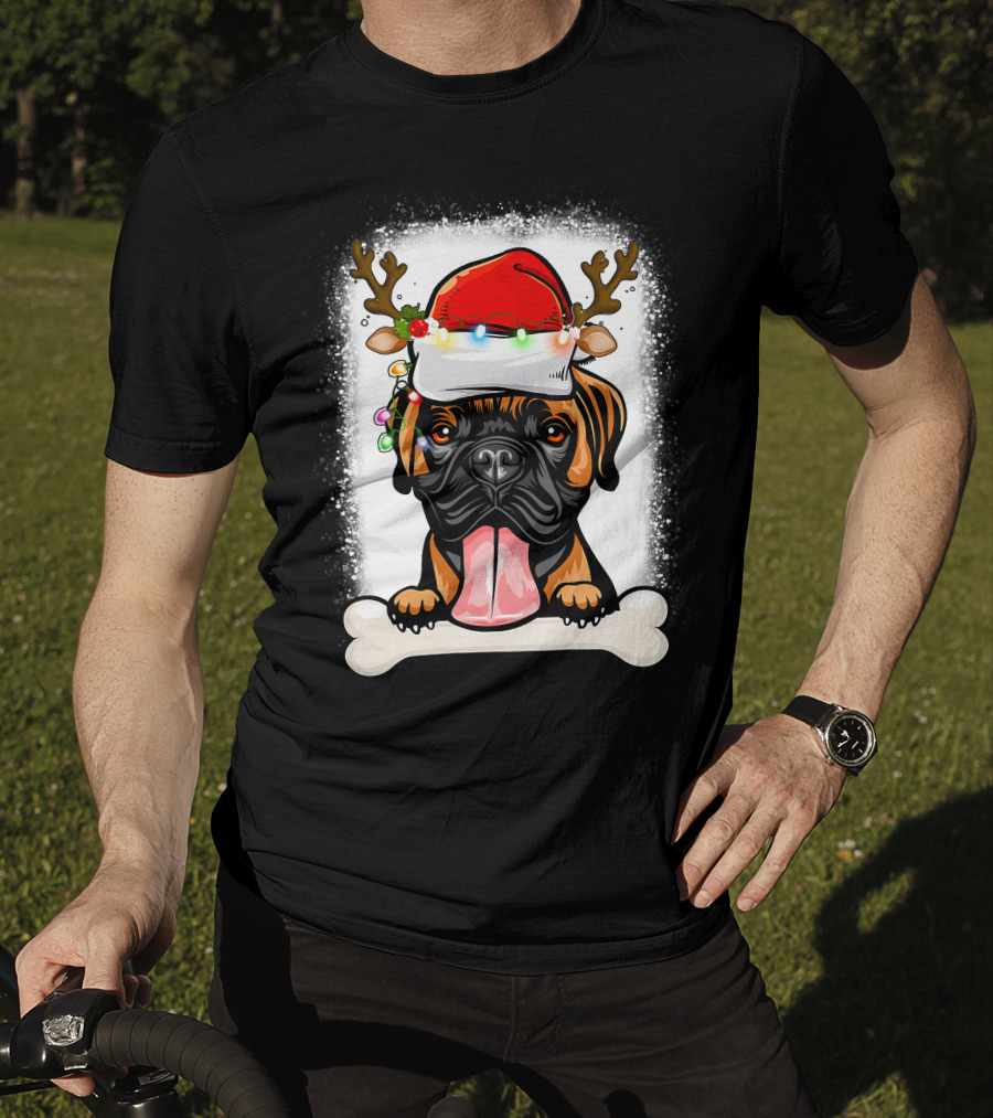 Boxer Dog With Santa Hat And Antlers Holding A Bone With Christmas Lights T-Shirt