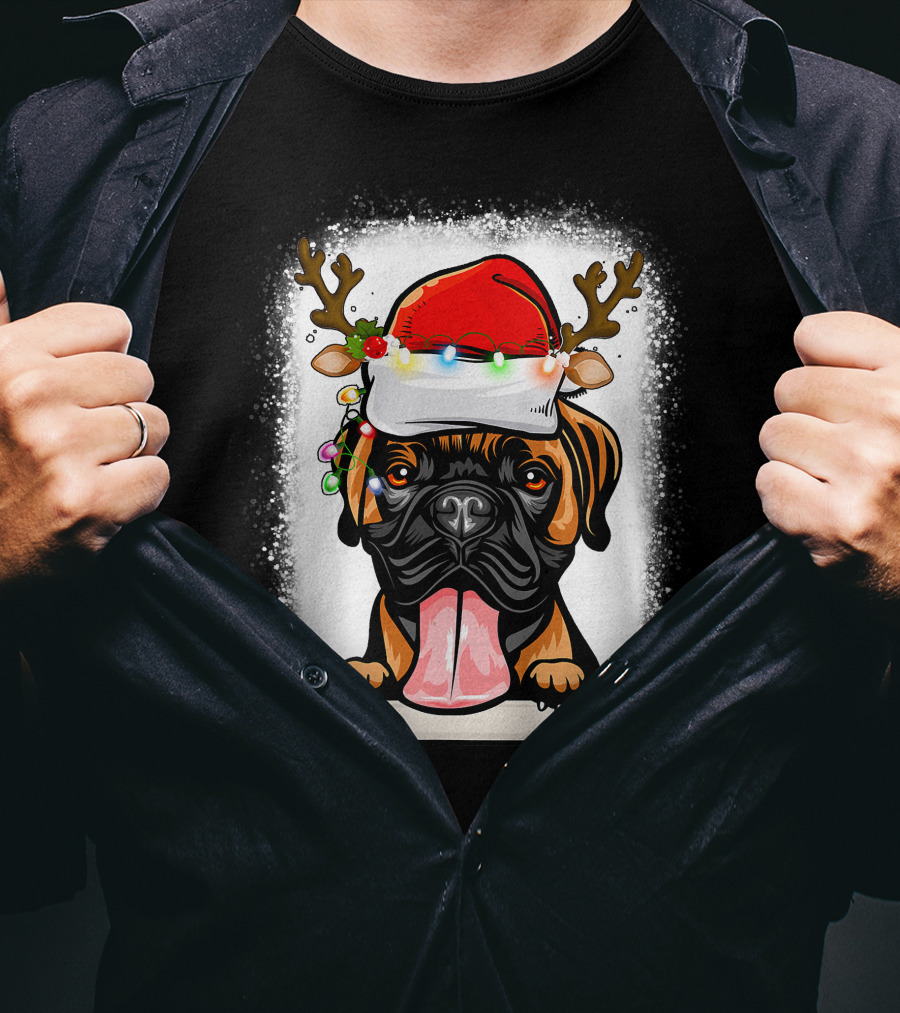 Boxer Dog With Santa Hat And Antlers Holding A Bone With Christmas Lights T-Shirt