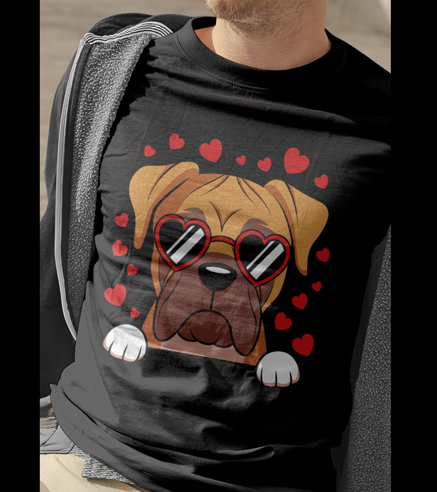 Boxer Dog Face With Red Heart Glasses Surrounded By Floating Hearts T-Shirt
