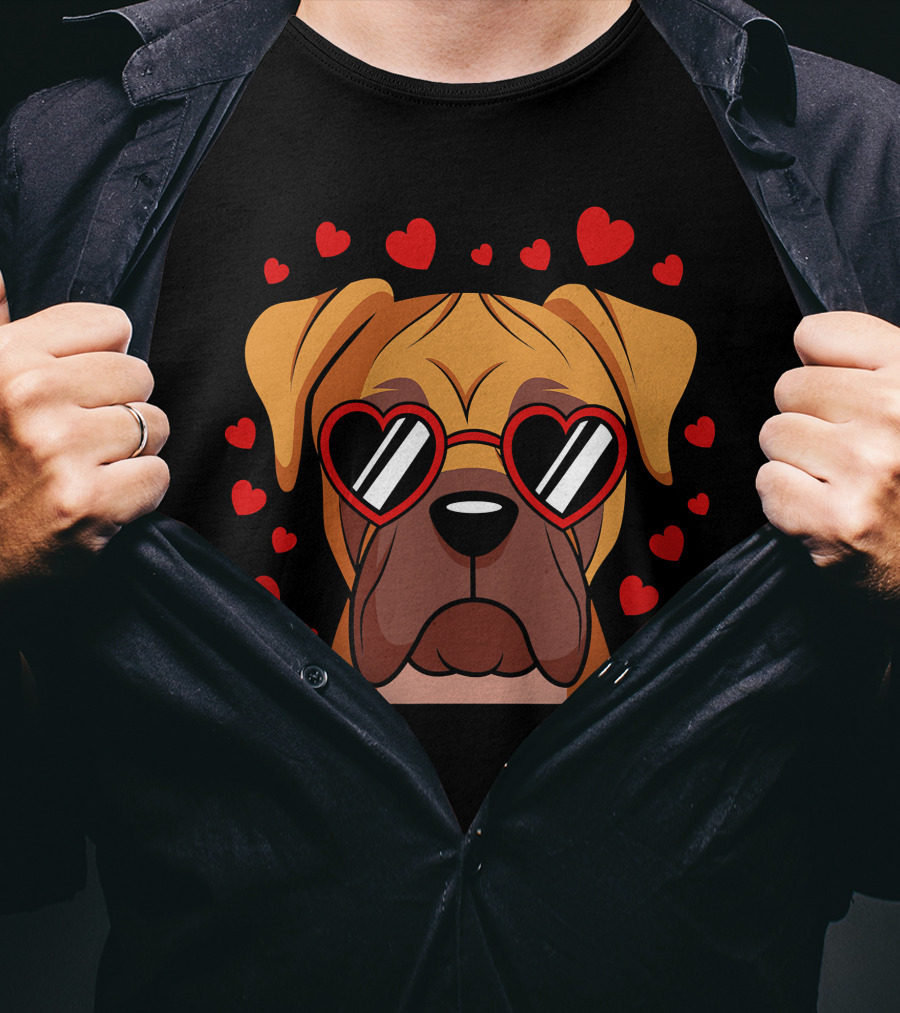 Boxer Dog Face With Red Heart Glasses Surrounded By Floating Hearts T-Shirt