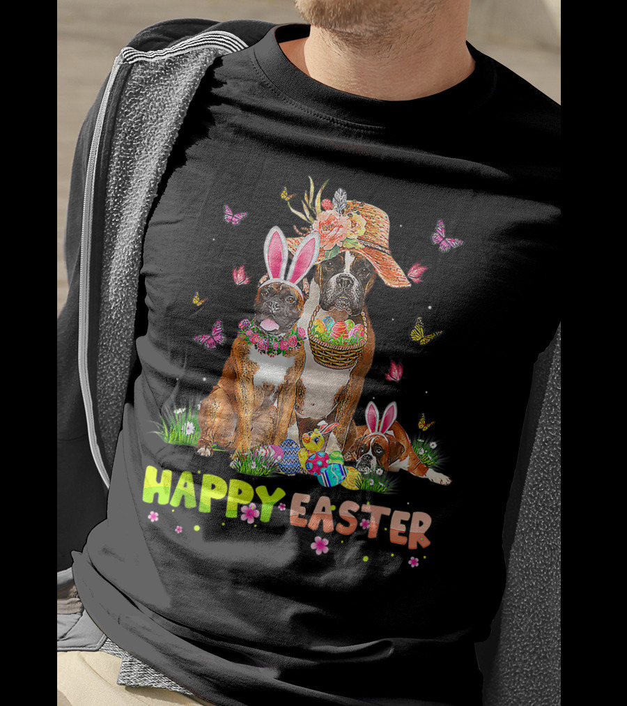 Happy Easter Boxer Dogs Bunny Ears Eggs And Butterflies T-Shirt