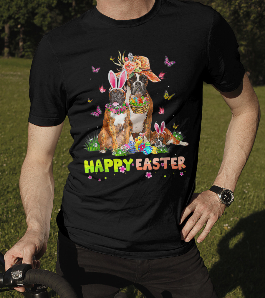 Happy Easter Boxer Dogs Bunny Ears Eggs And Butterflies T-Shirt