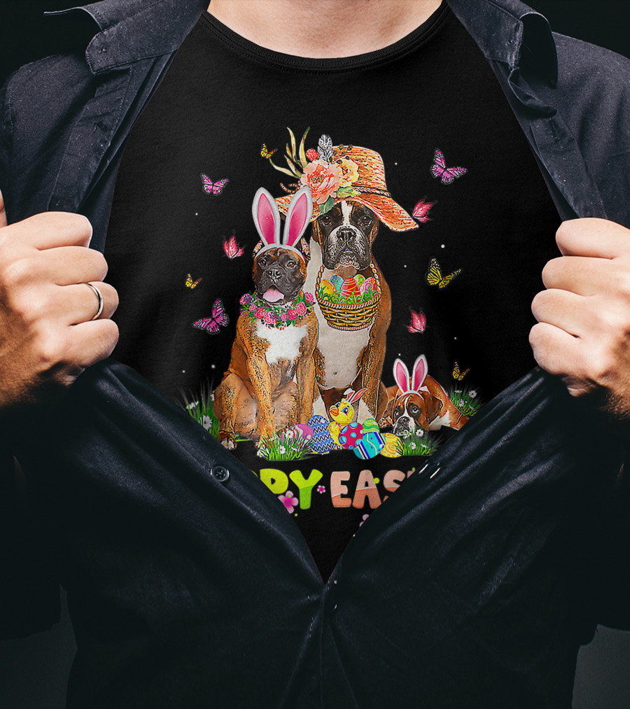 Happy Easter Boxer Dogs Bunny Ears Eggs And Butterflies T-Shirt